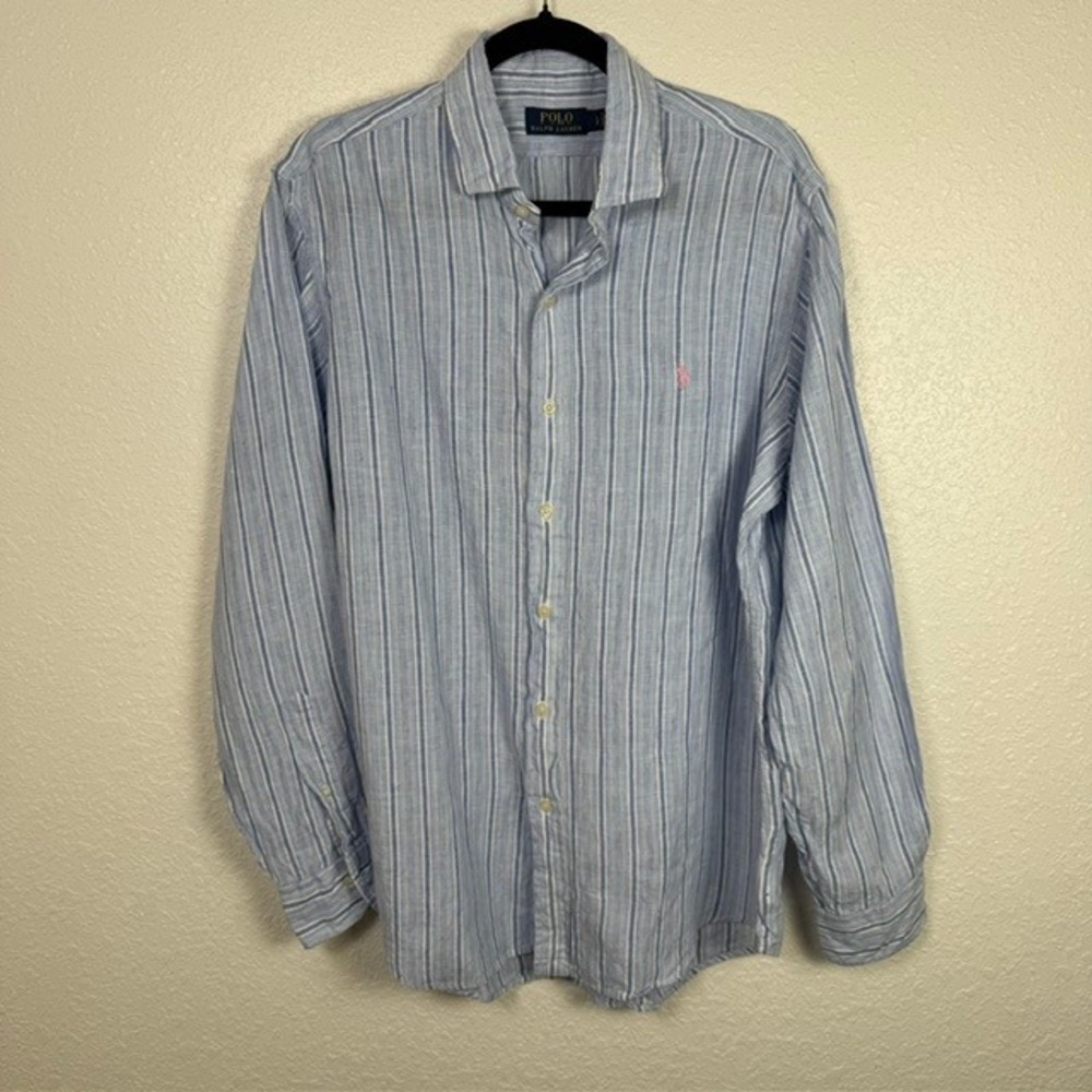 Polo Ralph Lauren Linen Button Down Shirt Striped Long Sleeve Blue Size Large - Picture 2 of 12